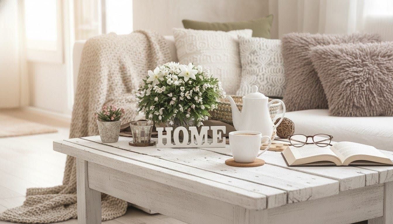 Photo très claire d'un séjour avec canapé et coussins ainsi qu'une table basse portant des fleurs et un service à thé
