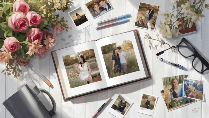 Album photo, fleurs, lunettes et photos sur une table