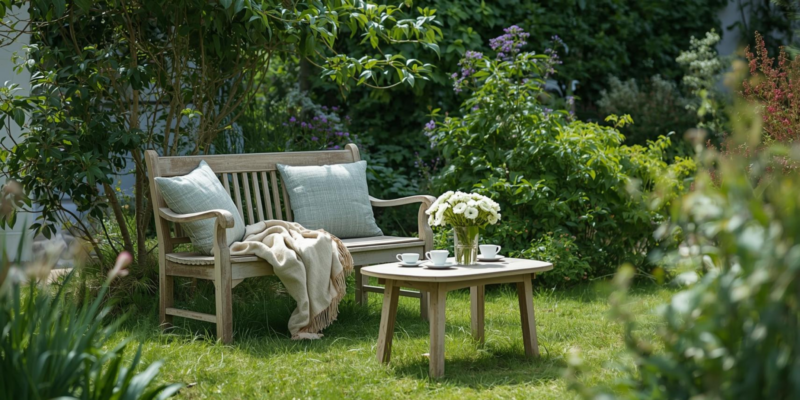 Banc et table en bois dans un joli jardin
