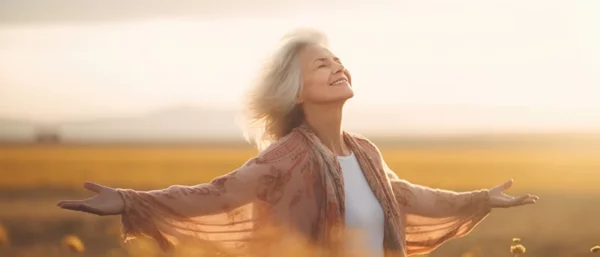 Femme aux cheveux gris qui écarte les bras face au coucher de soleil