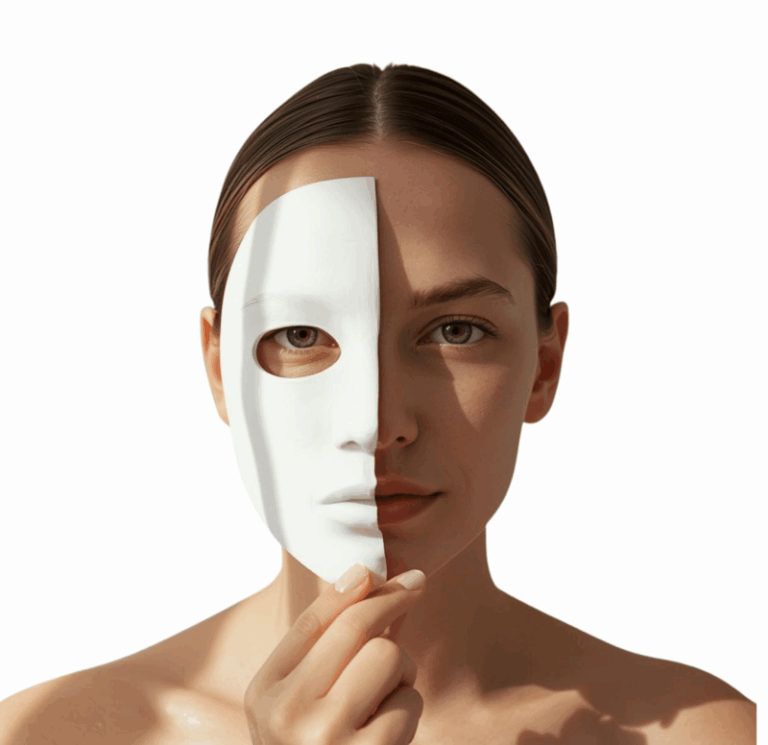 Femme avec un masque blanc couvrant la moitié du visage