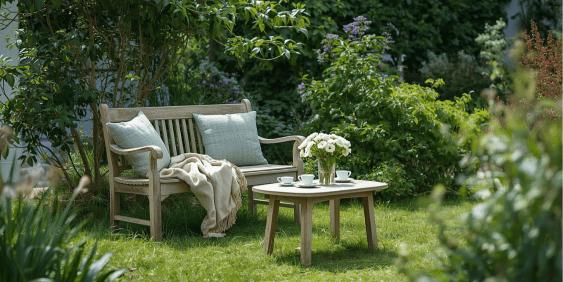 Banc et table en bois dans un joli jardin