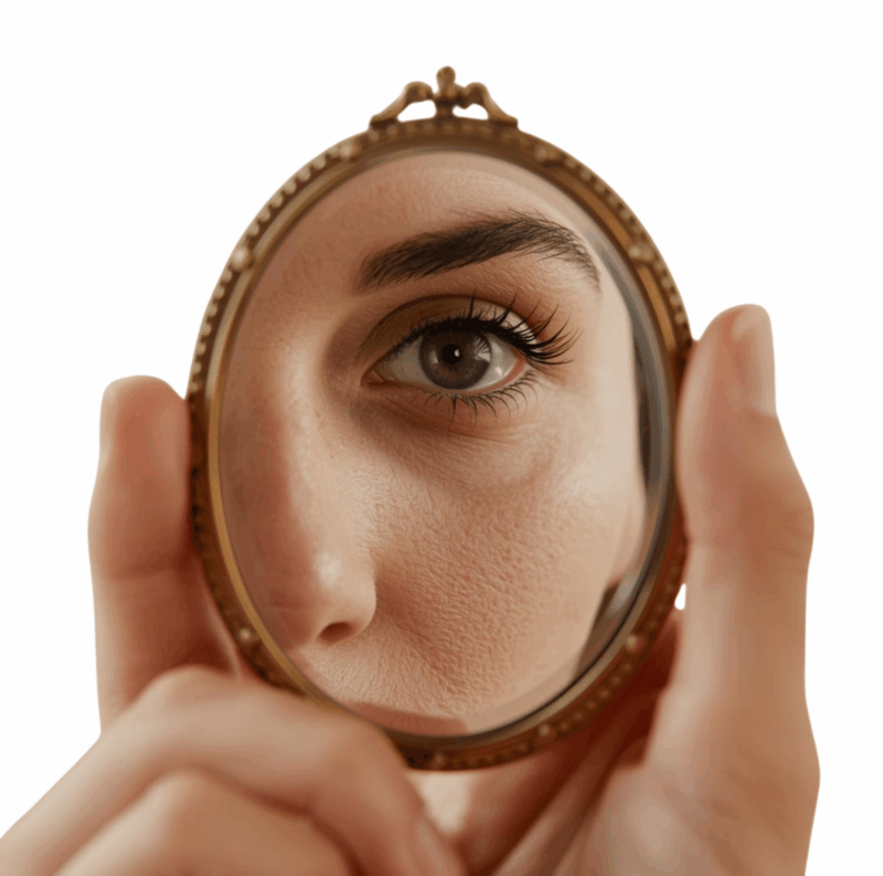 Œil féminin reflété dans un miroir ancien tenu à la main