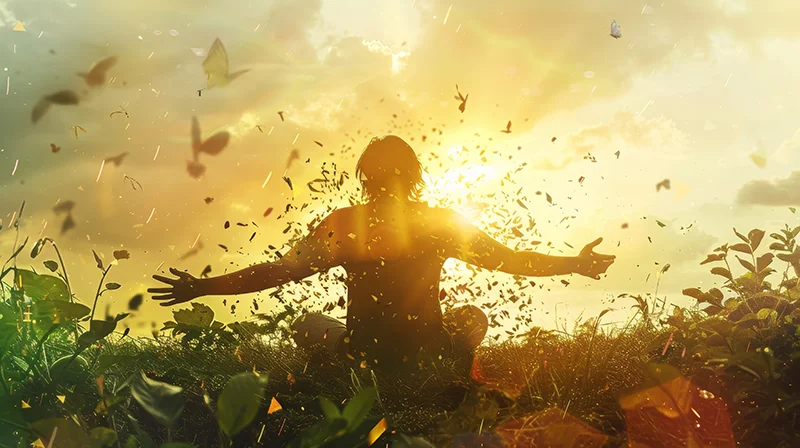 Silhouette qui ouvre les bras face au coucher de soleil